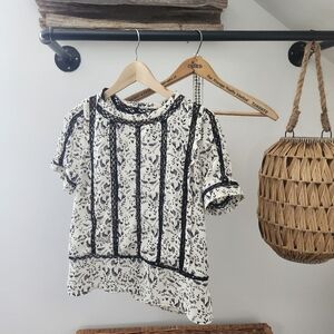 Anthropologie Cream and Black Floral Lace-Trim Short Sleeve Blouse